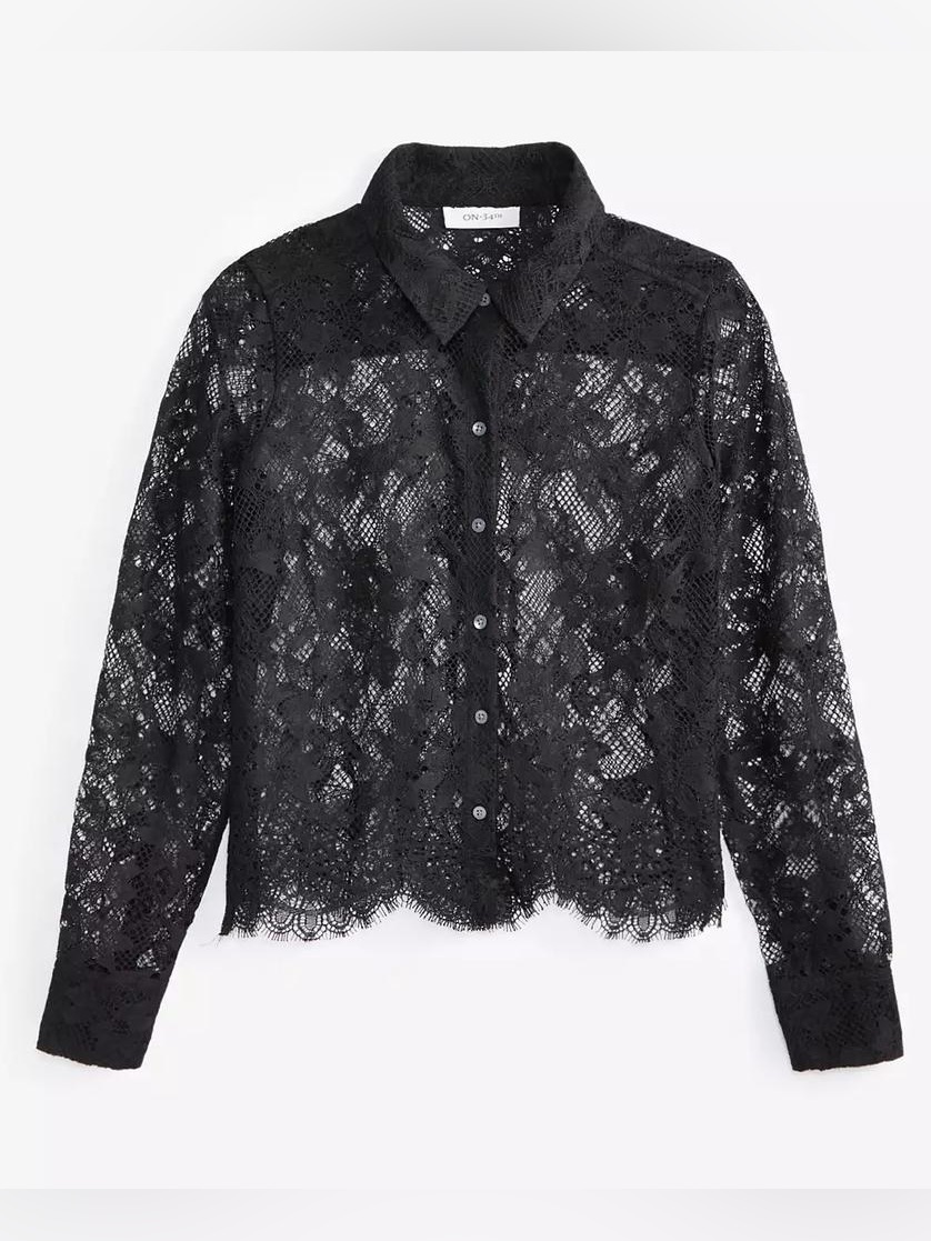 On 34th - Black Lace Button-Up Shirt, Size Large